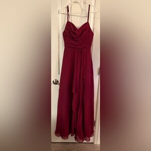 Flowing Wine-Red Formal Gown with Draped Bodice